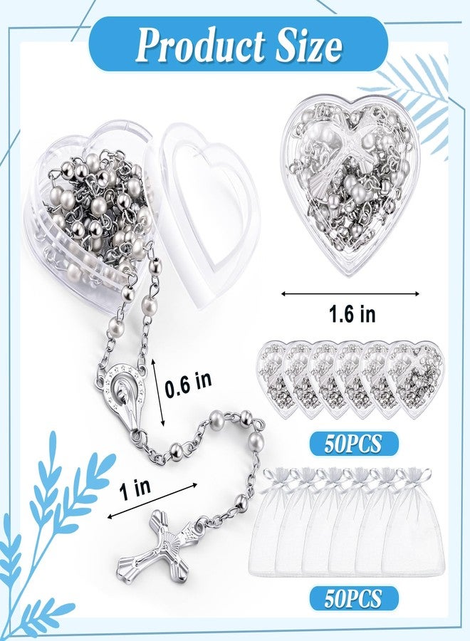 ROCEEI 50 Pcs Catholic Rosary Necklace 4 mm Glass Beads Rosary Favors Crucifix Prayer with Faux Pearl with Heart Shaped Box and Organza Bag for First Communion Baptism (White) - Image 2